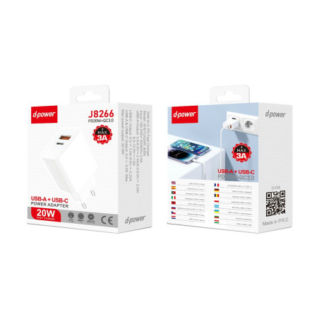 Adaptateur Secteur 20W USB-A + USB-C - D-power J8266 — D-power · Smarty Paris 18e